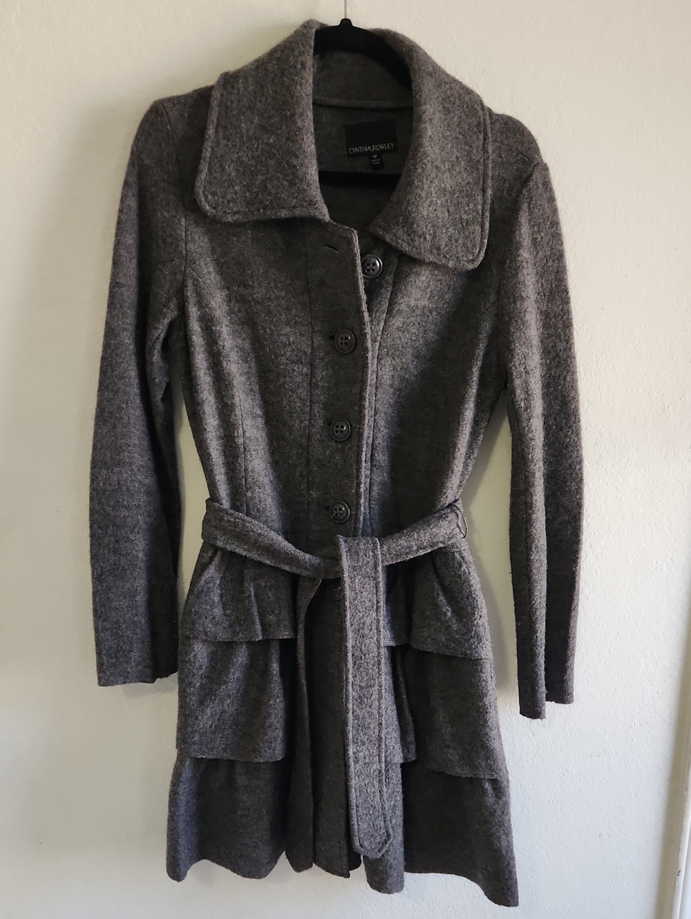 Cynthia Rowley 100% Wool Charcoal Grey Belted Tiered Ruffle Coat M Dark Academia